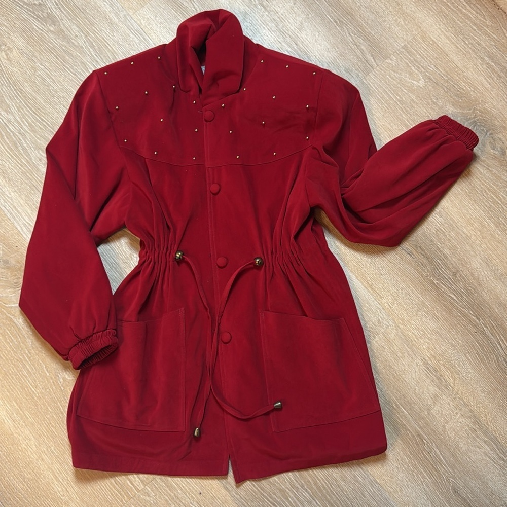 Women’s Red Drawstring Waist Jacket with Stud Detail